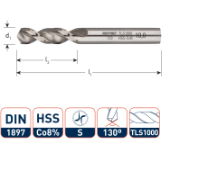 Rotec 133.1000 HSS-E plaatwerkboor, DIN1897, type TLS1000, Ø10,0