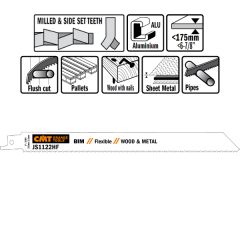 CMT JS1122HF-5 JS1122HF Reciprozaagbladen 5 stuks Bi-metaal 225mm x 0, 9 x 10TPI pallet reparaties, hout met nagels, metaal, metalen platen, buizen, aluminium profielen.