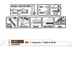 CMT JS3456XF-5 JS3456XF Reciprozaagbladen 5 stuks Bi-metaal 200mm x 1, 25 x 6-12TPI hout met nagels, metaal, metalen platen, spaanplaat, glasvezelverstekte kunststof, epoxy, aluminium profielen.