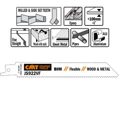 CMT JS922VF-5 JS922VF Reciprozaagbladen 5 stuks Bi-metaal 150mm x 0, 9 x 10-14TPI Toepassing: hout met nagels, metaal, buizen, aluminium profielen, glasvezelversterkte kunststof, epoxy.